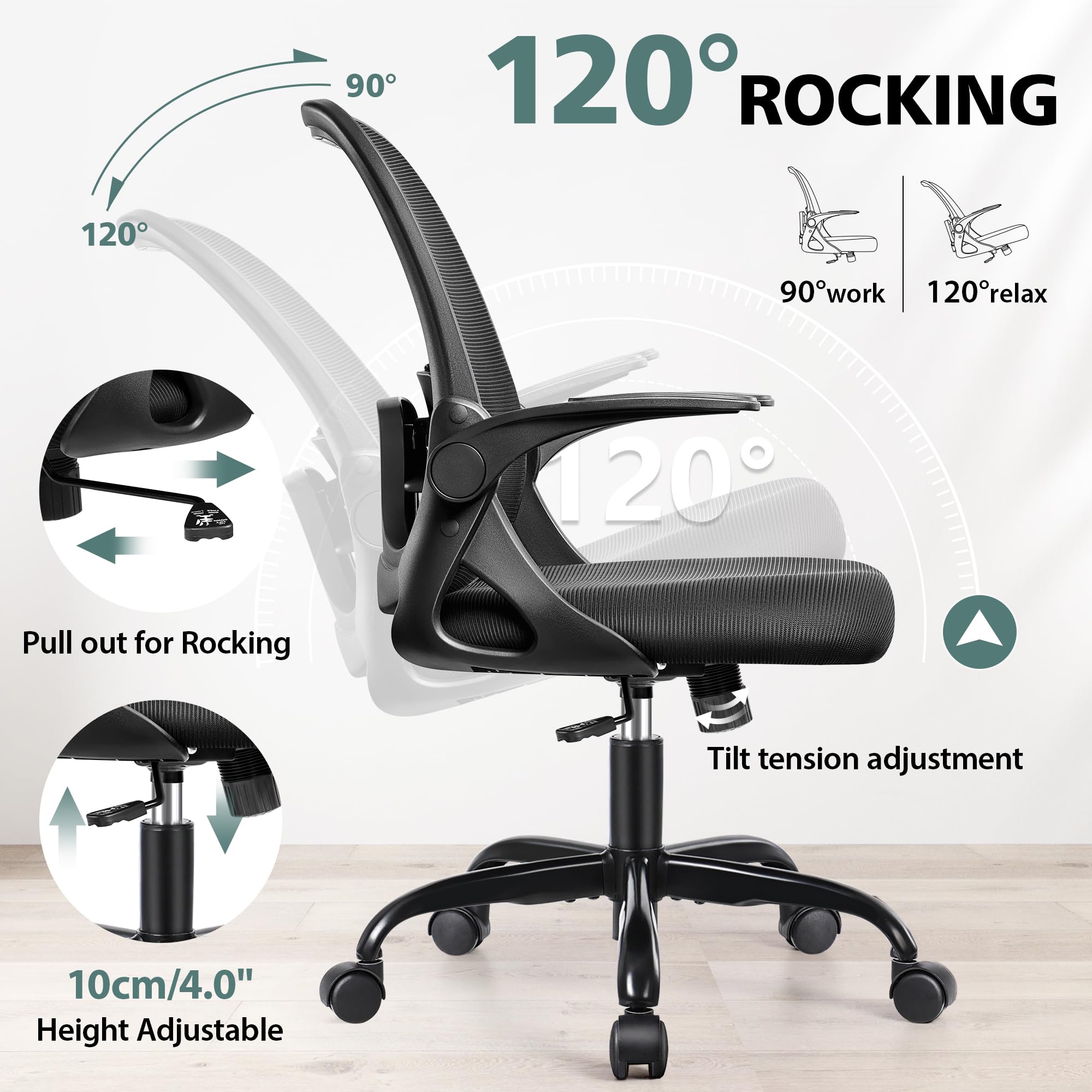 Winrise Office Chair Ergonomic Desk Chairs with Lumbar Support and Flip-up Arms, Comfortable Breathable Mesh Computer Executive Chair with Swivel Task, Adjustable Height 4'', Home - Black