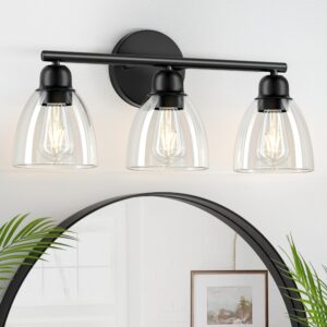 folksmate 3-light bathroom light fixtures, matte black modern vanity lights, sconces wall lighting with clear glass shade, wall mount lights wall lamp