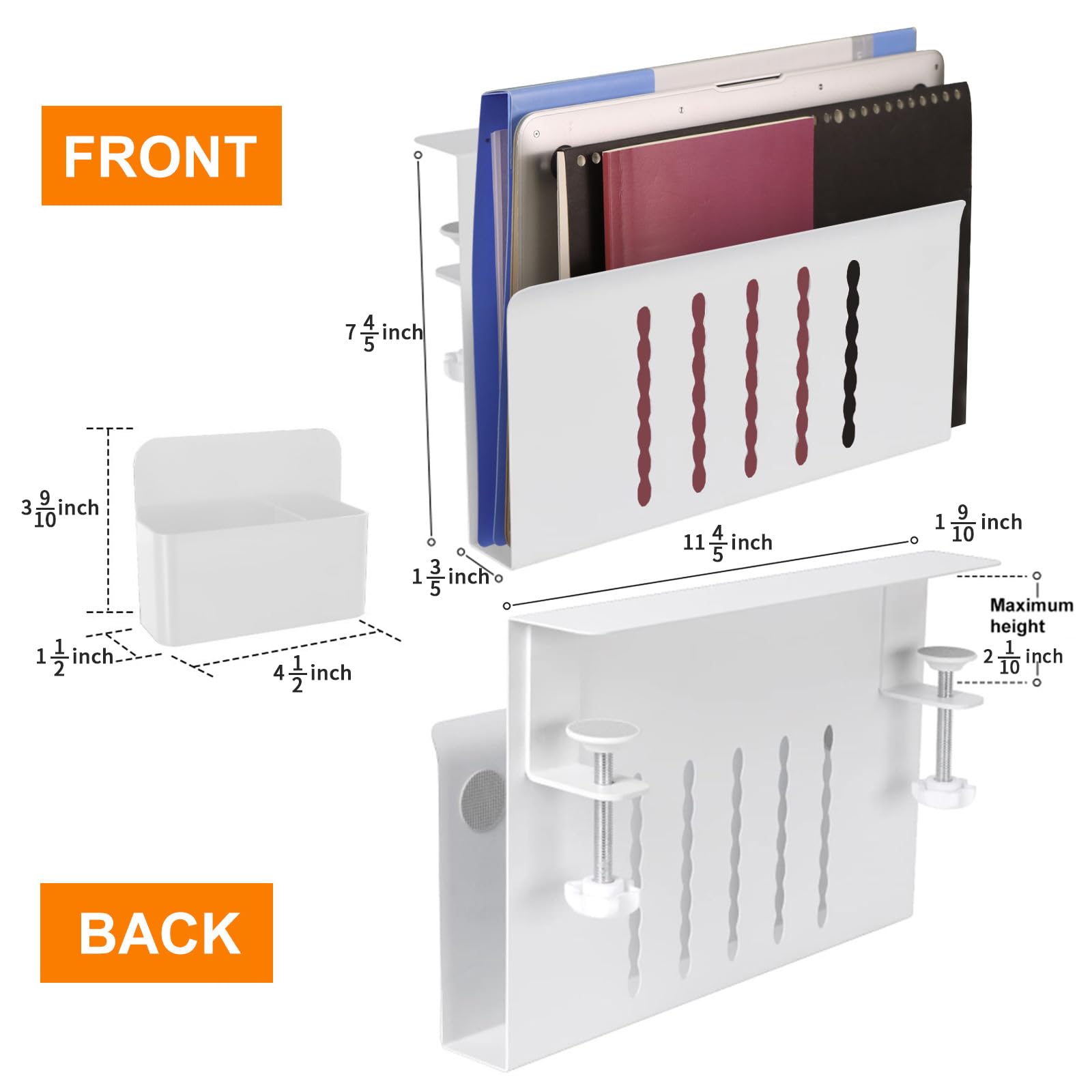 LUKETURE Desk Side Storage, Under Desk Storage, Steel Desk Hanging Organizer, Laptop Holder, with Pen Holder, No Drill Side Desk Organizer, Desk Storage Holder for Office and Home (White 1 Tier)