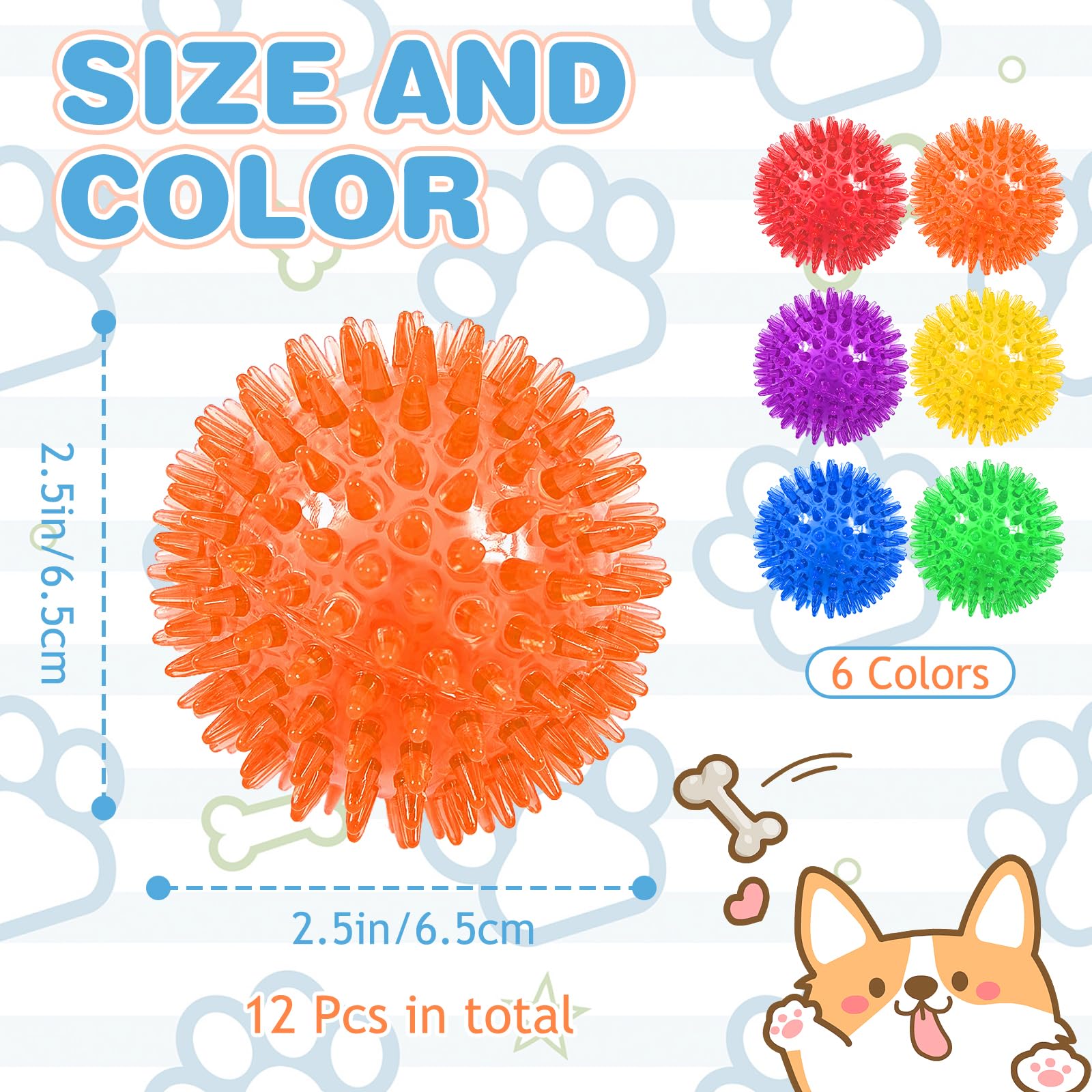 Xeehwb 12 Pack 2.5 Inch Squeaky Dog Toy Balls,Spiky Dog Balls,Puppy Chew Toys for Teething,Floating Dog Pool Balls for Small Medium and Large Dogs(6 Colors)