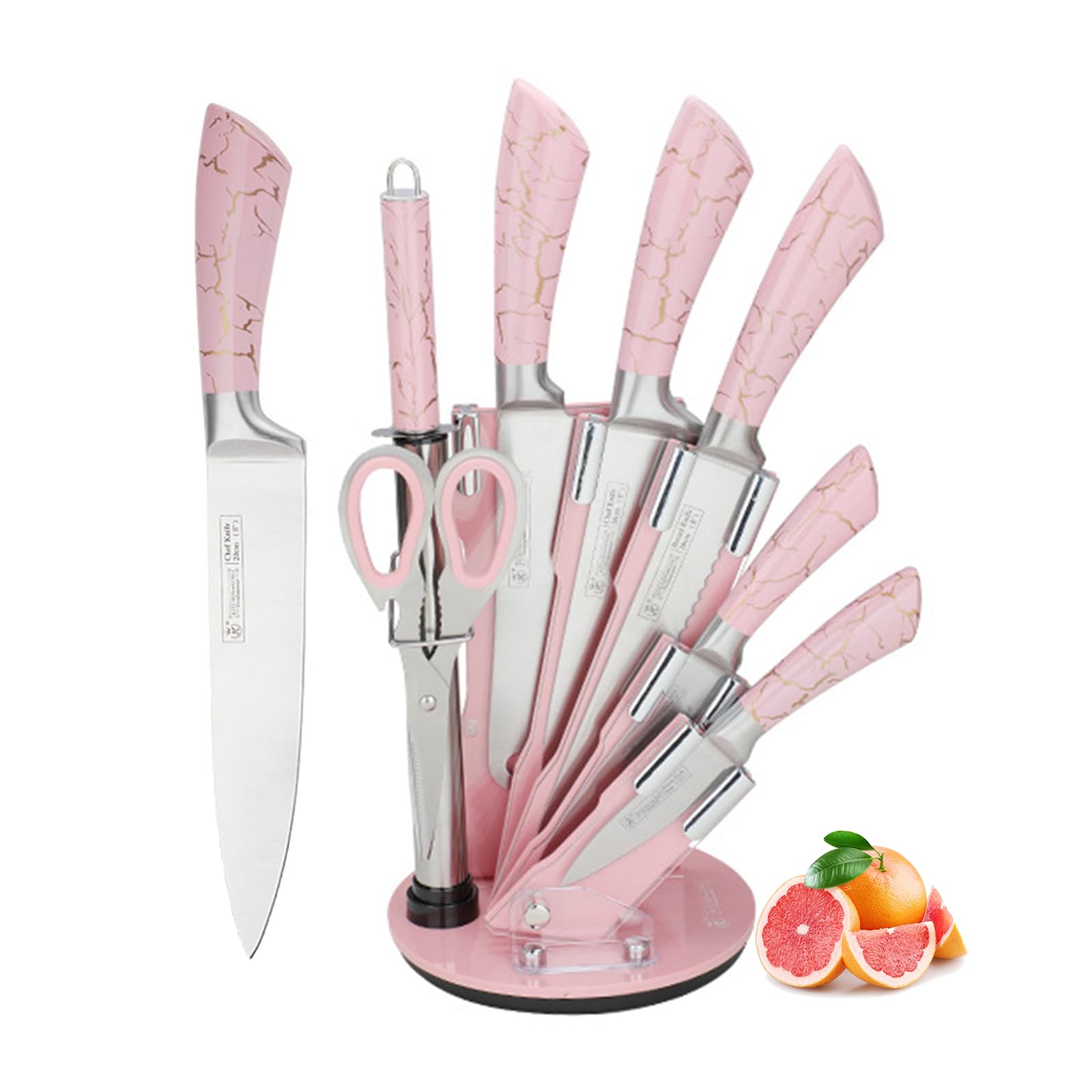 Kitchen Knife Set, 8-Pieces Pink Cooking Knife Set with Rotary Acrylic Stand &Sharpener Steel &Scissors, Ergonomic Stainless Steel Sharp Non Stick Professional Kitchen Knife Set, Gift for Women