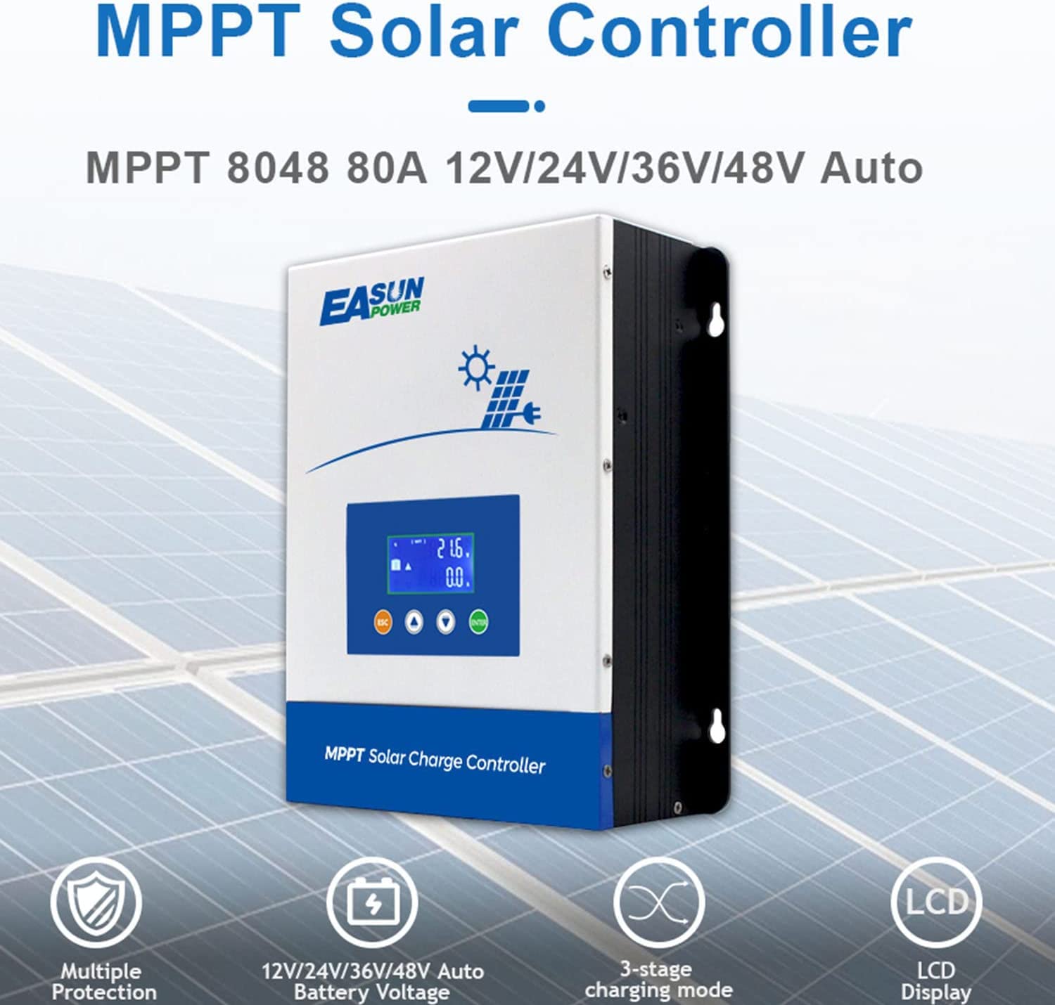 POWLAND 80A MPPT Solar Charge Controller,12V/24V/36V/48V Auto,Max Input 150V LCD Display Regulator Intelligent Charge Controller for Sealed Gel AGM Flooded Lithium Battery