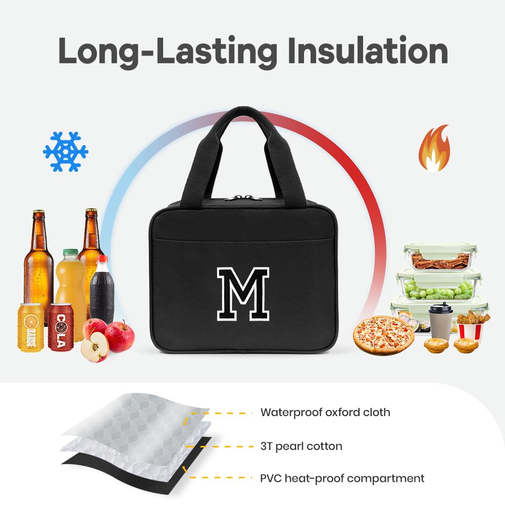 Lunch Bag Women, Insulated Lunch Box for Men, Monogrammed Lunch Tote Bag, Portable Reusable Lunch Cooler Bags, Personalized Lunch Tote Sack, Initial Letter Cute Small Lunchbox (Black, M)