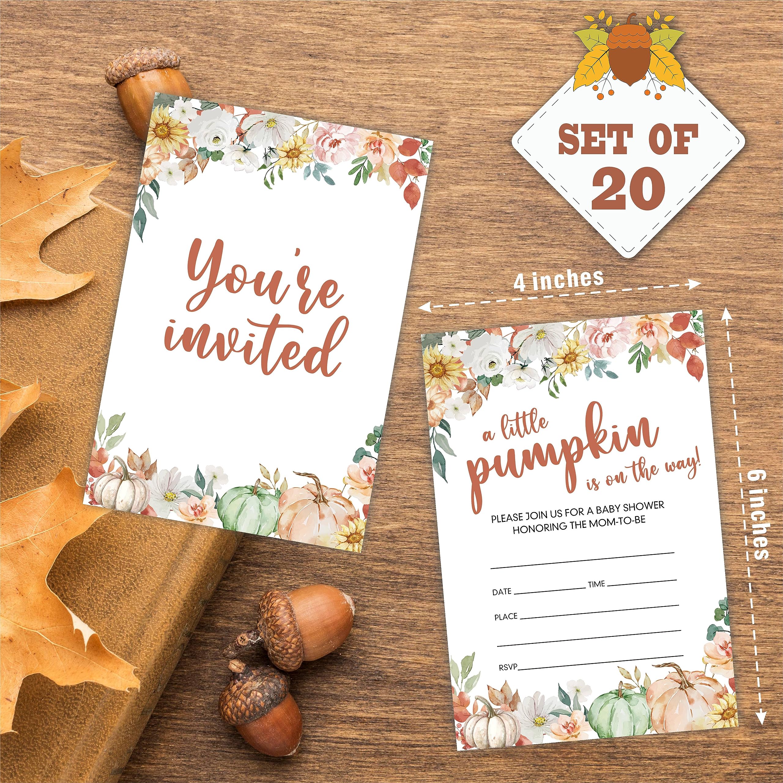 JCVUK Let's Gather! Thanksgiving Invitation Cards, Watercolor Pumpkin & Floral, 20 Invites With Envelopes, Fill In Style Invitations, Thanksgiving Day Party Favor, Decorations And Supplies - 09