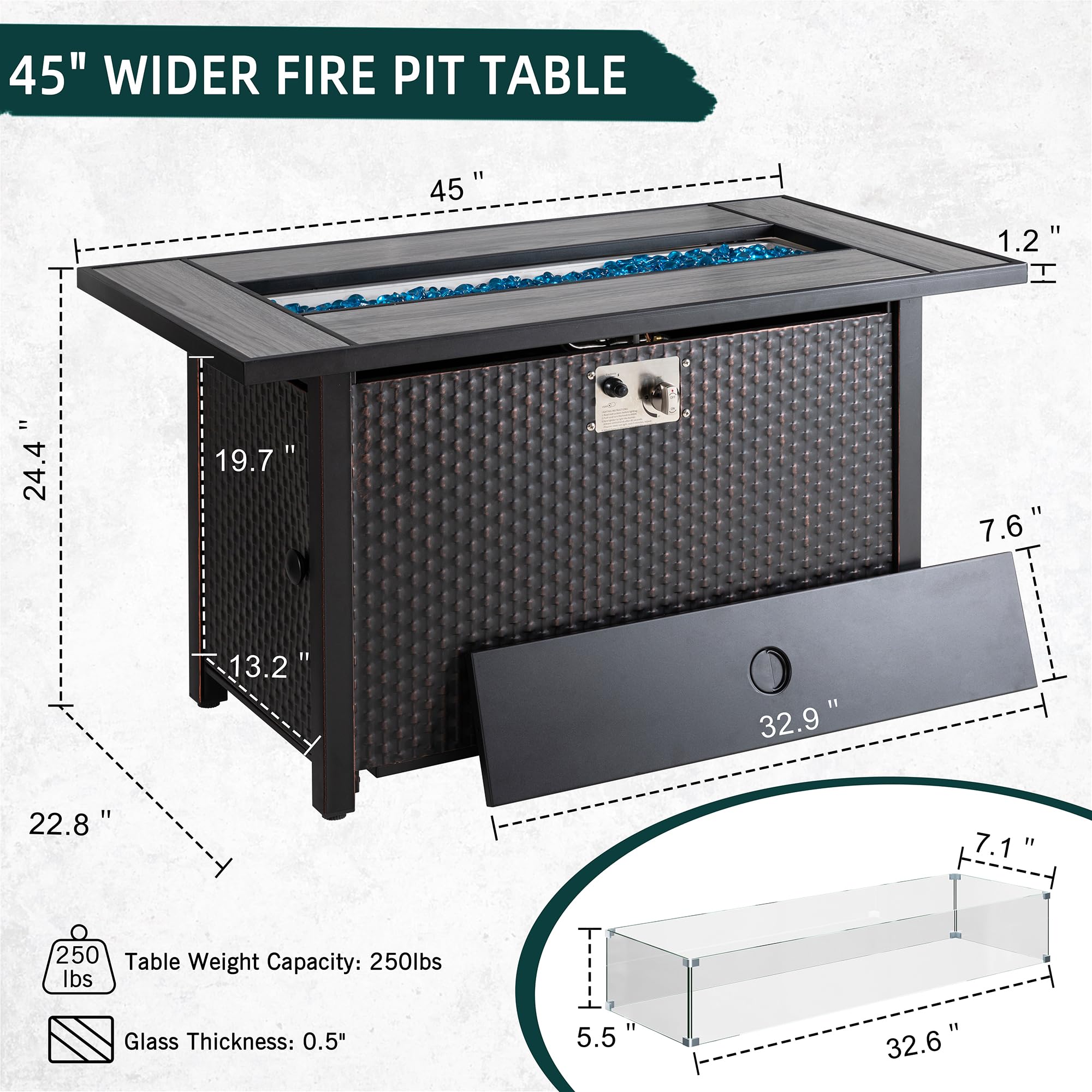 SUNLEI 45" Propane Fire Pit, Outdoor Fire Pit Tables Rectangular Tabletop with Lid and Blue Fire Glass, 50000 BTU Glass Wind Guard and Tables for Outside Patio, Backyard…