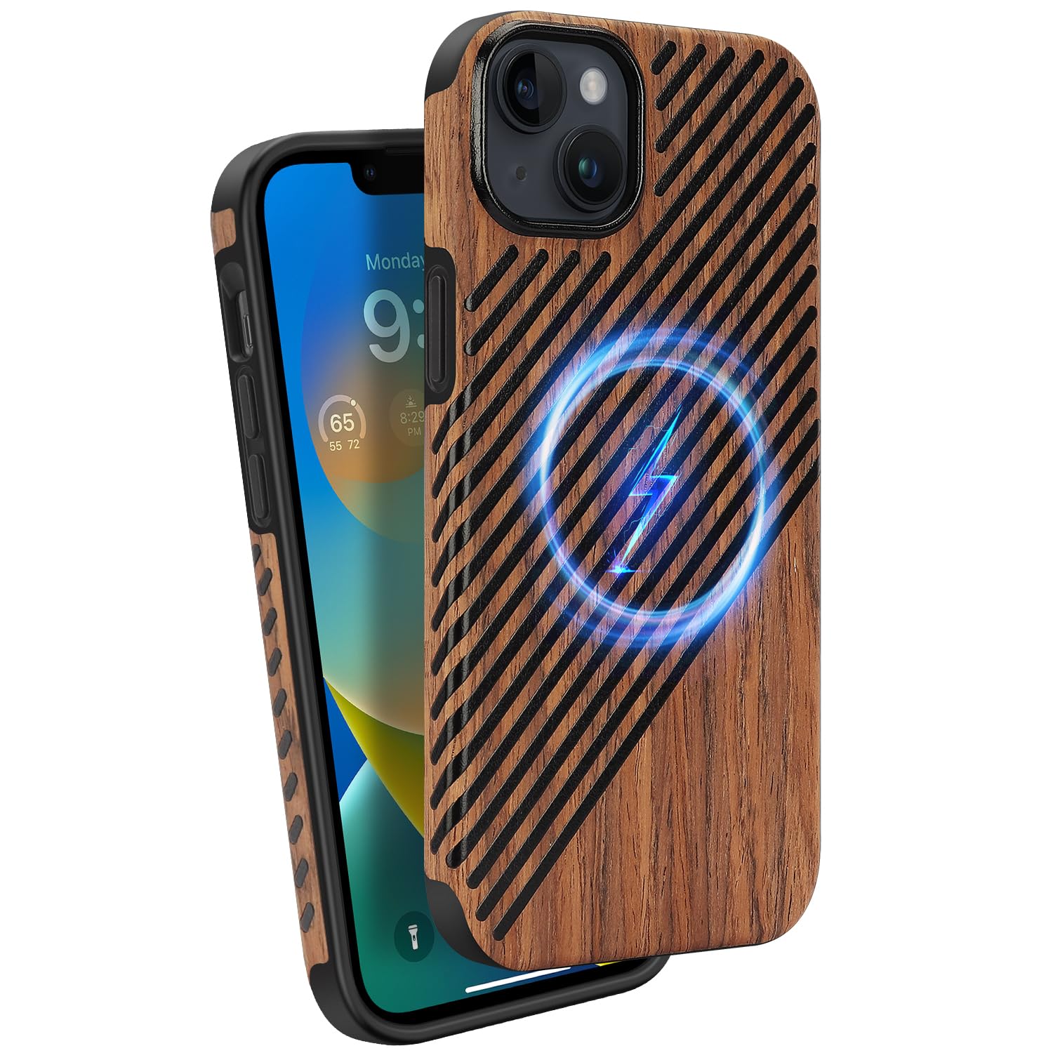 ZZDZZ Magnetic Case Compatible with iPhone 14 Plus Case [Compatible with MagSafe] Wood and Leather Design TPU Hybrid Shockproof Phone Case (Wood and Leather)