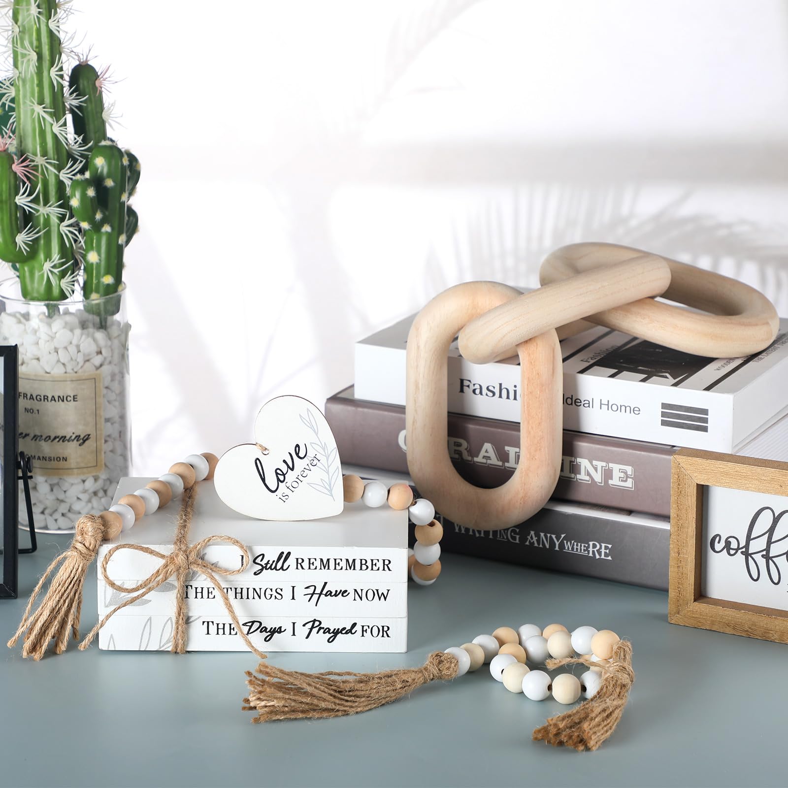 Thyle Boho Decorative Books for Home Decor Include Farmhouse Decorative Books Wood Bead Garland with Tassel Chain Link Rustic Faux Books Stack Heart Sign for Living Room Bookshelf Coffee Table