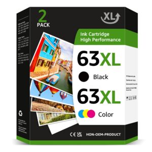 7Magic Remanufactured Ink Cartridge Replacement for HP 63 Ink 63XL Compatible for HP Envy 4520 4512 OfficeJet 3830 4650 4655 5255 5258 5200 3833 DeskJet 1112 2130 3630 3633 Printer (1 Black, 1 Color)