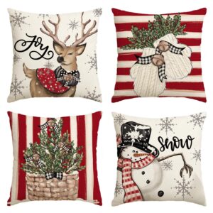 avoin colorlife christmas snowman reindeer gloves eucalyptus red throw pillow covers, 18 x 18 inch winter holiday stripes cushion case decoration for sofa couch set of 4