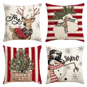 AVOIN colorlife Christmas Snowman Reindeer Gloves Eucalyptus Red Throw Pillow Covers, 18 x 18 Inch Winter Holiday Stripes Cushion Case Decoration for Sofa Couch Set of 4