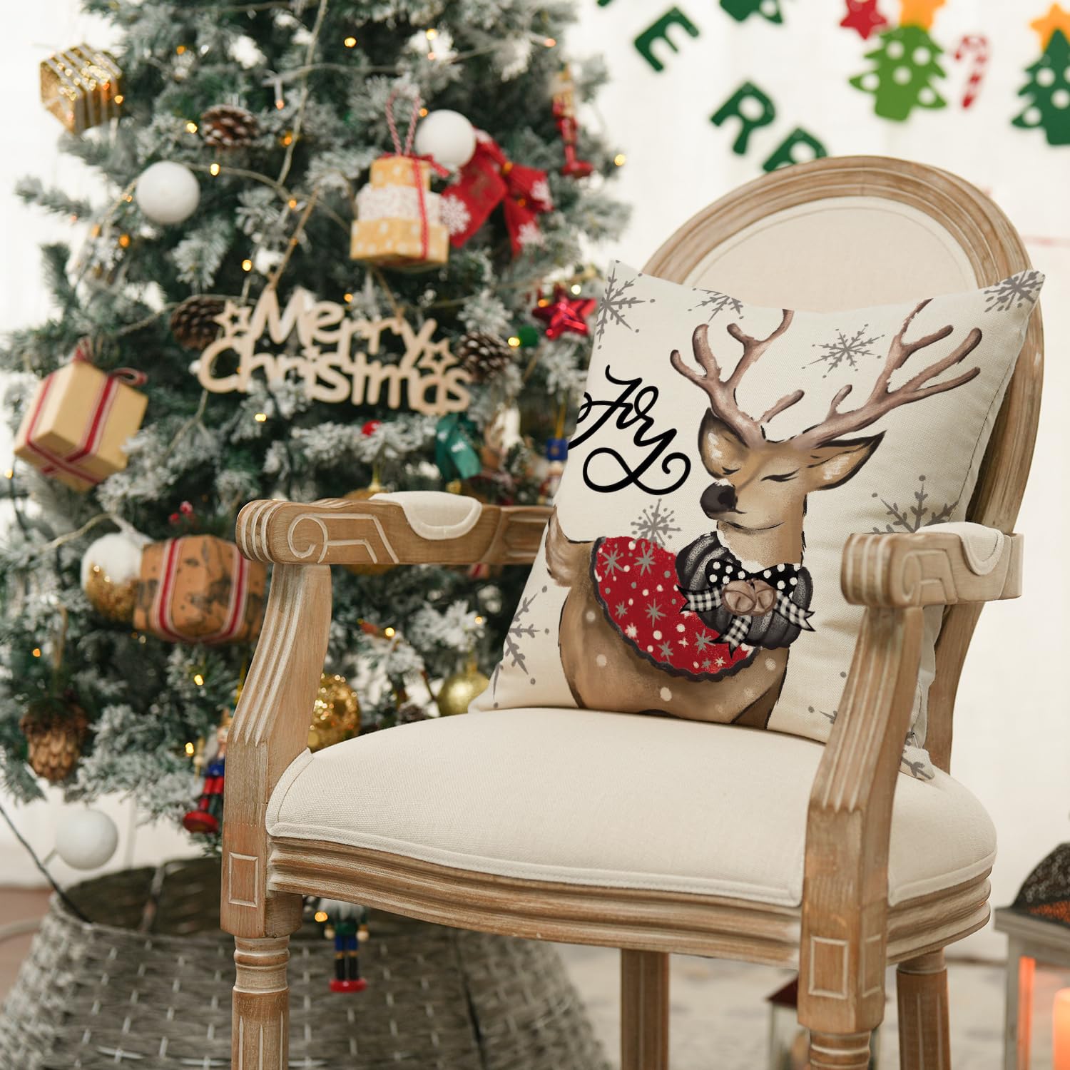 AVOIN colorlife Christmas Snowman Reindeer Gloves Eucalyptus Red Throw Pillow Covers, 18 x 18 Inch Winter Holiday Stripes Cushion Case Decoration for Sofa Couch Set of 4