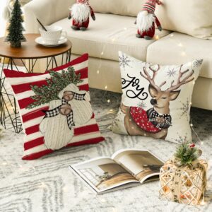 AVOIN colorlife Christmas Snowman Reindeer Gloves Eucalyptus Red Throw Pillow Covers, 18 x 18 Inch Winter Holiday Stripes Cushion Case Decoration for Sofa Couch Set of 4