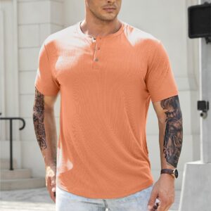 JMIERR Mens Muscle Slim Fit Button Henley Shirts Summer Crewneck Short Sleeve Longline Fitted T-Shirt Gym Workout Athletic Tees Shirt for Men, L, Orange