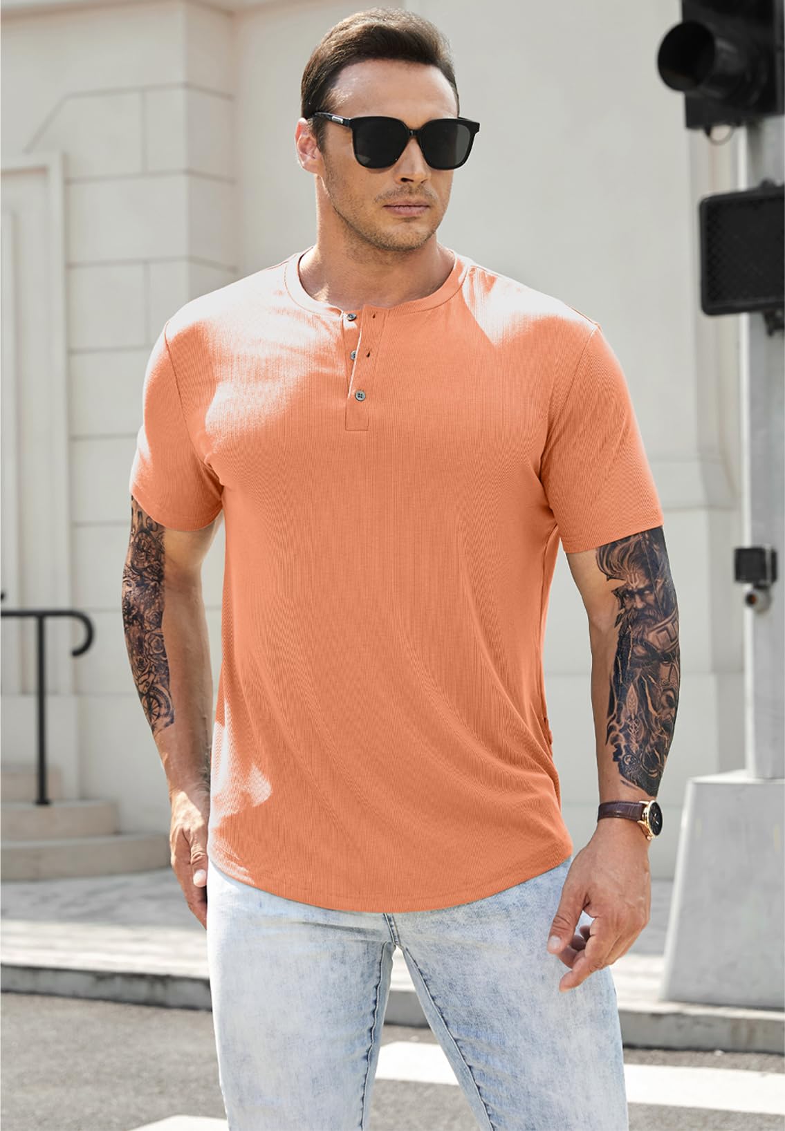 JMIERR Mens Muscle Slim Fit Button Henley Shirts Summer Crewneck Short Sleeve Longline Fitted T-Shirt Gym Workout Athletic Tees Shirt for Men, L, Orange