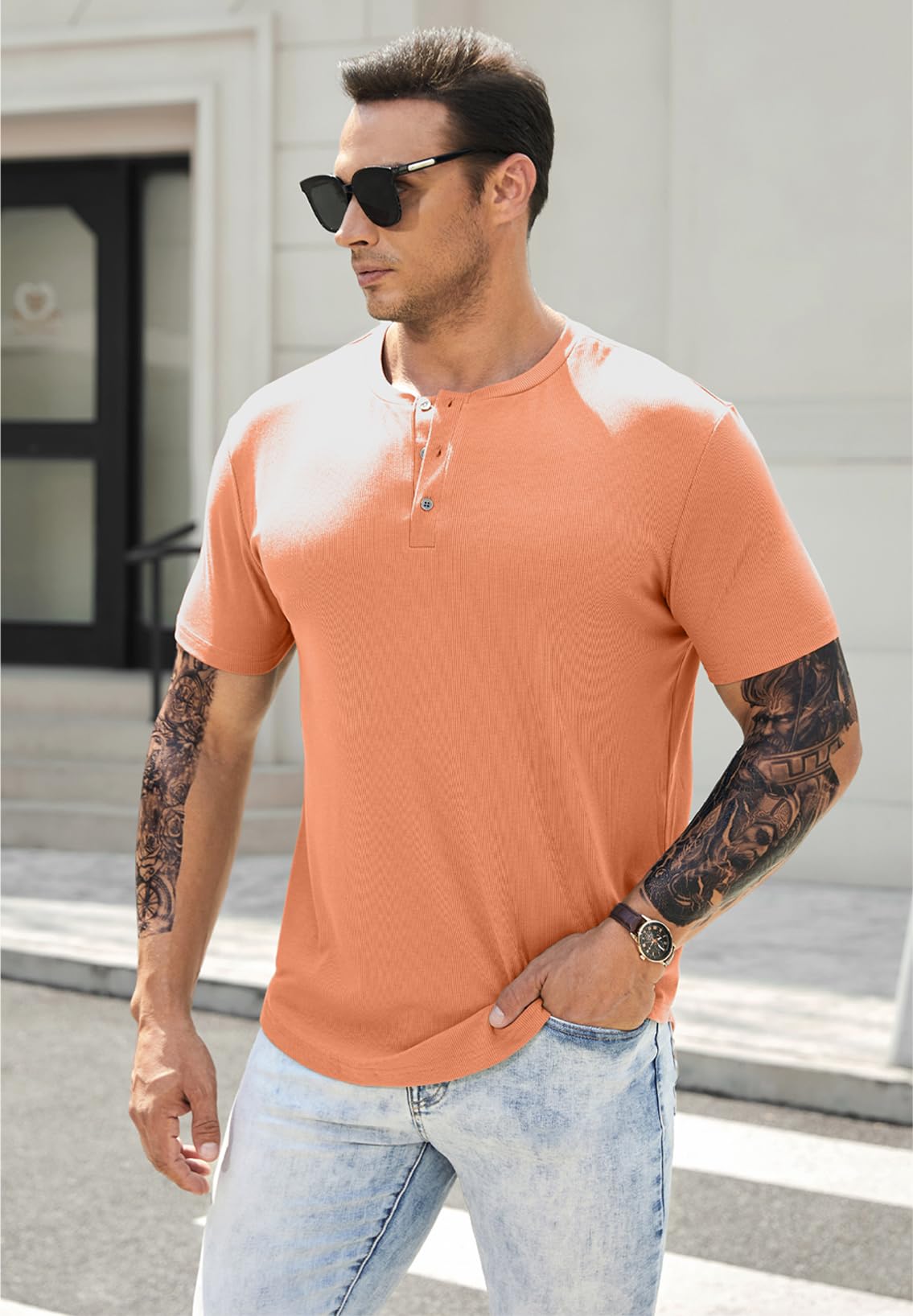 JMIERR Mens Muscle Slim Fit Button Henley Shirts Summer Crewneck Short Sleeve Longline Fitted T-Shirt Gym Workout Athletic Tees Shirt for Men, L, Orange