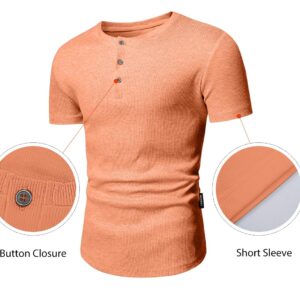 JMIERR Mens Muscle Slim Fit Button Henley Shirts Summer Crewneck Short Sleeve Longline Fitted T-Shirt Gym Workout Athletic Tees Shirt for Men, L, Orange