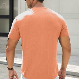 JMIERR Mens Muscle Slim Fit Button Henley Shirts Summer Crewneck Short Sleeve Longline Fitted T-Shirt Gym Workout Athletic Tees Shirt for Men, L, Orange