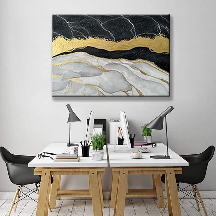 100% Hand Painted Black White and Gold Wall Art, Big Painting 28X40 Inch, Abstract Canvas Wall Art with Gold Foil Textured Art, Modern Wall Pictures for Living Room.