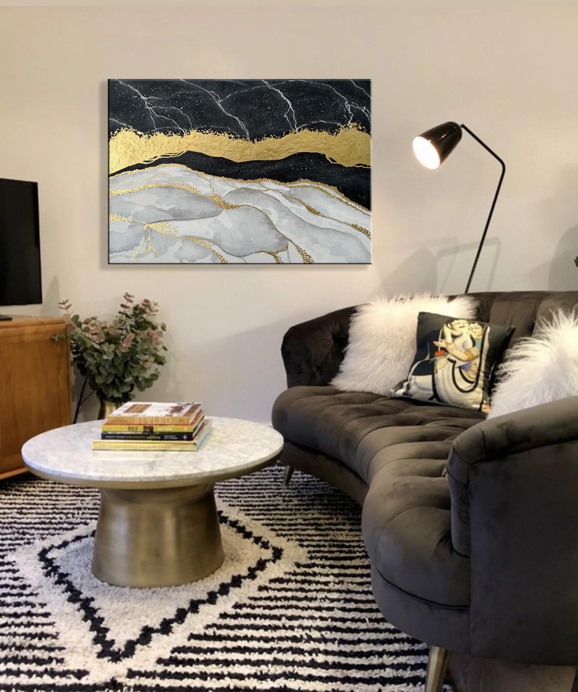 100% Hand Painted Black White and Gold Wall Art, Big Painting 28X40 Inch, Abstract Canvas Wall Art with Gold Foil Textured Art, Modern Wall Pictures for Living Room.