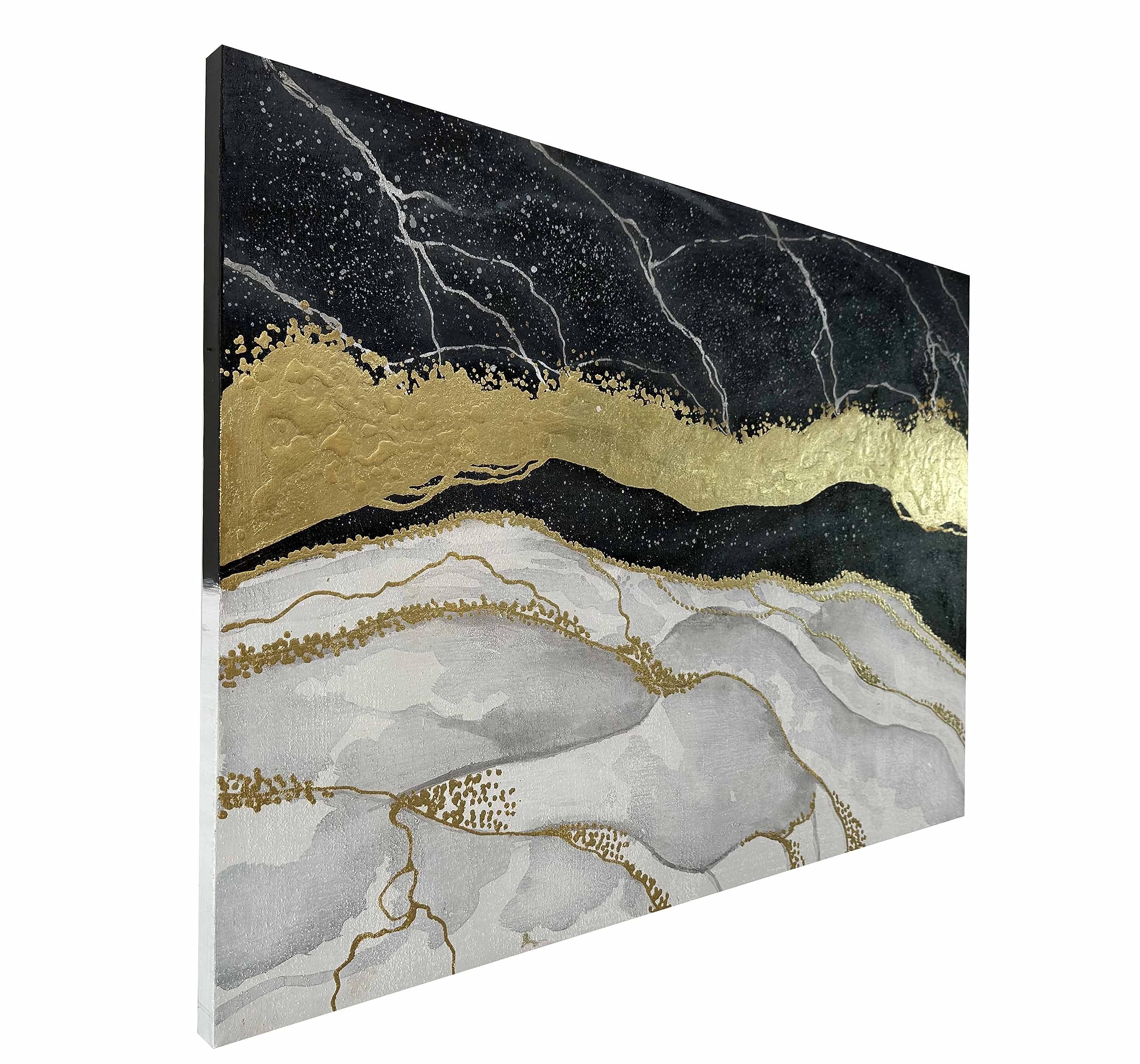 100% Hand Painted Black White and Gold Wall Art, Big Painting 28X40 Inch, Abstract Canvas Wall Art with Gold Foil Textured Art, Modern Wall Pictures for Living Room.