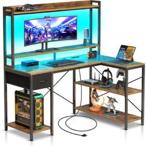 Seventable Gaming Desk with LED Light & Power Outlets, 47 inch Computer Desk with Shelves, Reversible L Shaped Desk with Monitor Stand, Corner Desk for Small Space, Rustic Brown