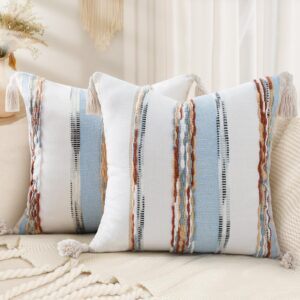 decoruhome boho decorative throw pillow covers 18x18 set of 2, striped chenille tufted pillow covers with tassels for couch bed sofa, cream white and light blue