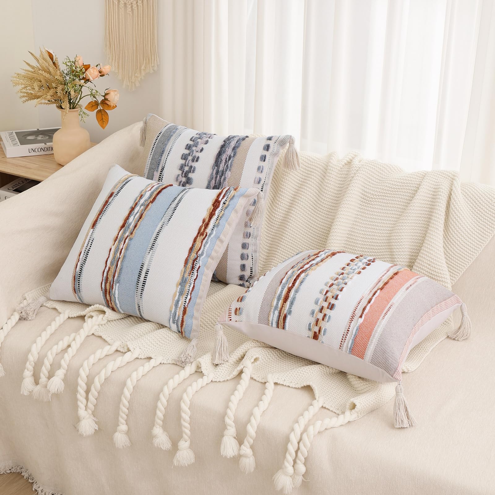 decorUhome Boho Decorative Throw Pillow Covers 18x18 Set of 2, Striped Chenille Tufted Pillow Covers with Tassels for Couch Bed Sofa, Cream White and Light Blue