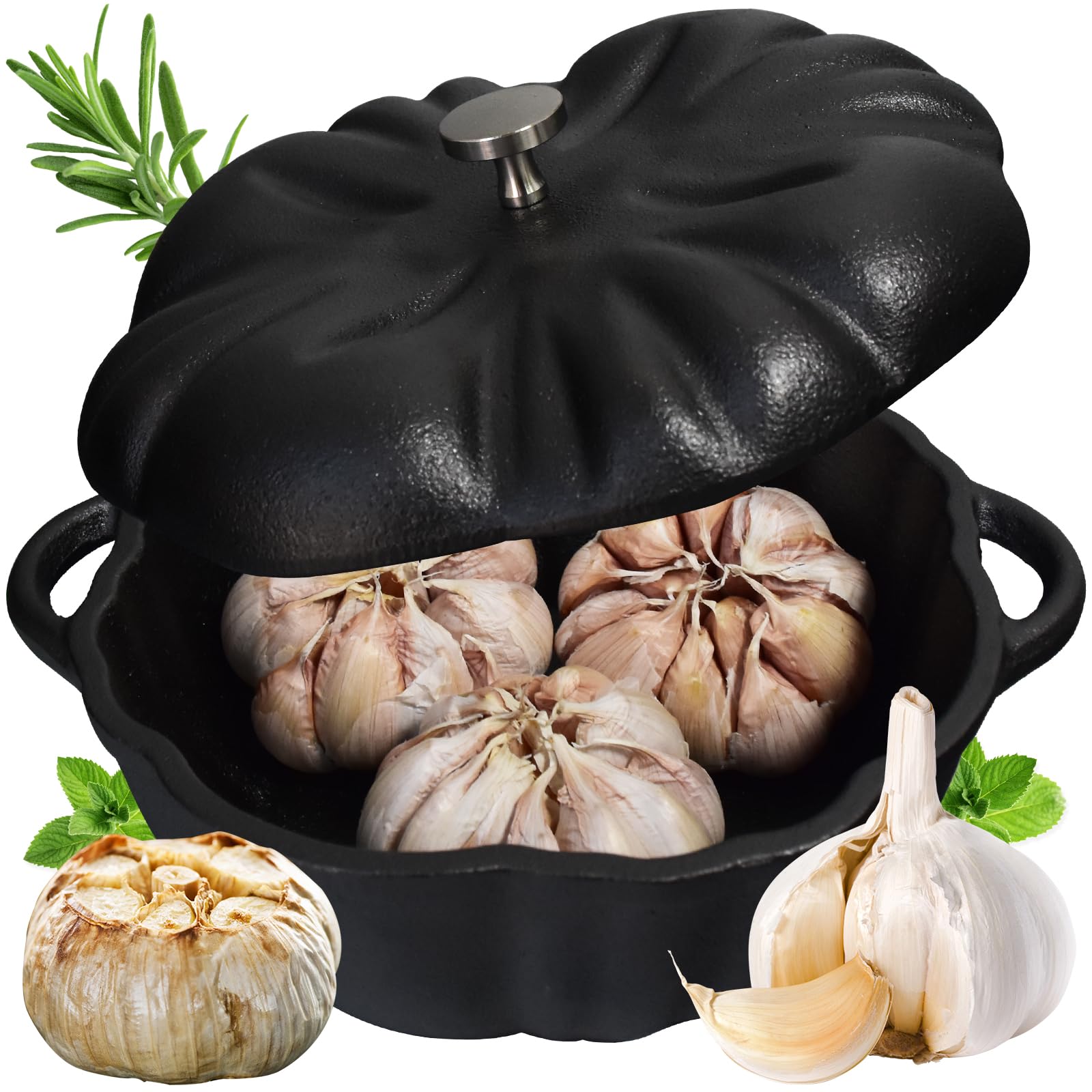 AOKDEER Garlic Roaster, Cast Iron Garlic Roaster for Kitchen Grill Oven, Dining Room, Indoor or Outdoor, BBQ Grill Garlic Tools, Garlic Baker for Picnic Camping Patio Backyard Cooking