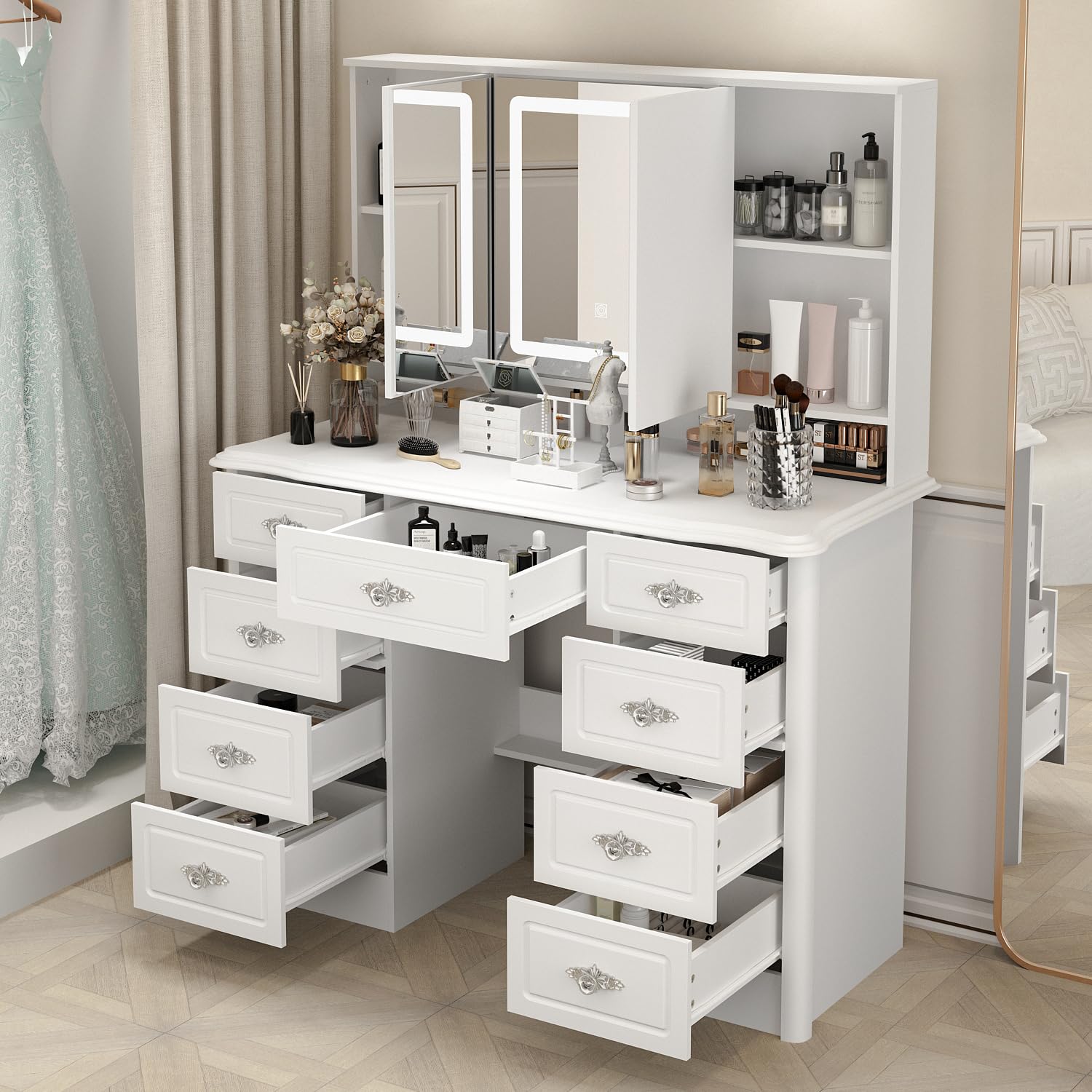 ECACAD Modern Makeup Vanity Desk with Lighted Mirror, Vanity Table Dressing Table with 9 Drawers, Hidden Shelves & Foldable Mirror, 3 Color Lighting Modes, Brightness Adjustable, White