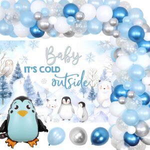 Arctic Animals Baby Shower - Blue Snowflake Balloon Garland Arch Kit with Baby It's Cold Outside Backdrop, Penguin Foil Balloons, Polar Bear Penguin Winter Baby Shower Decorations