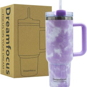 Dreamfocus 40 oz Tie Dye Purple Tumbler with Handle Straw and Lid Insulated Stainless Steel Water Bottle Cup Travel Coffee Mug