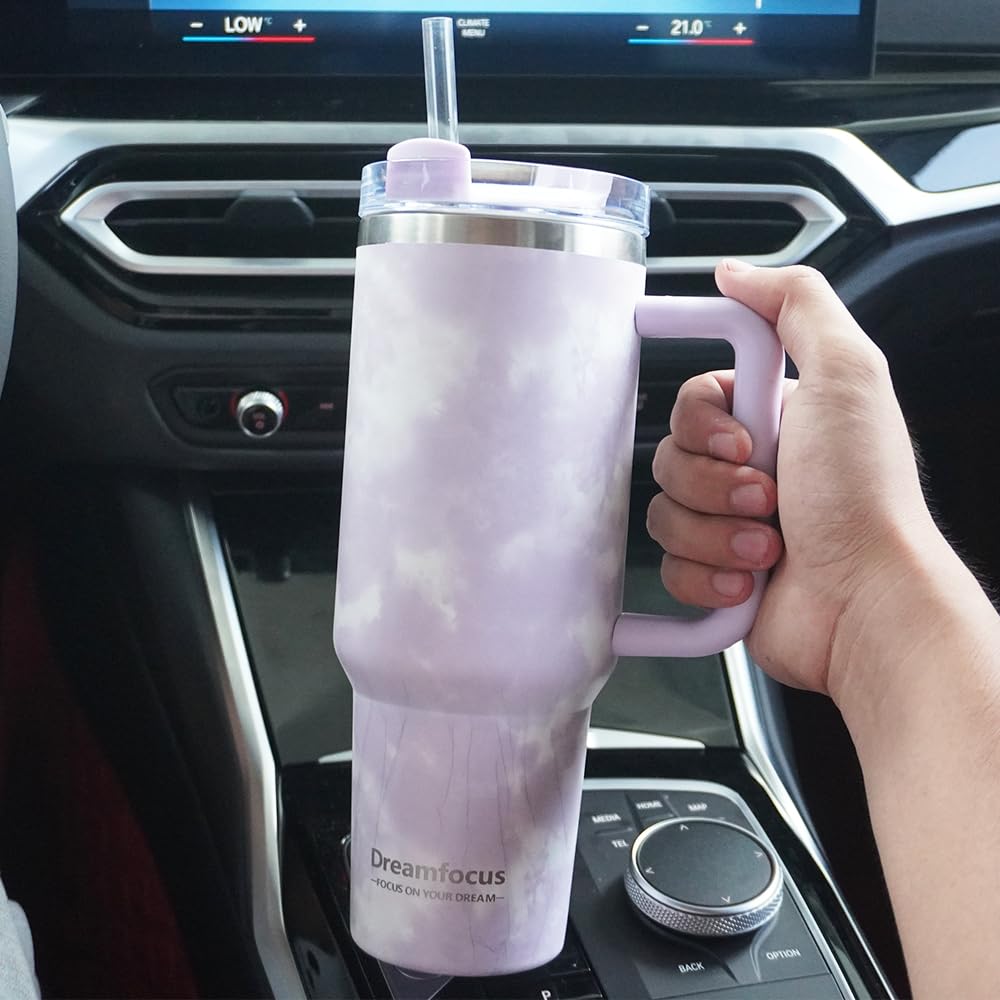 Dreamfocus 40 oz Tie Dye Purple Tumbler with Handle Straw and Lid Insulated Stainless Steel Water Bottle Cup Travel Coffee Mug