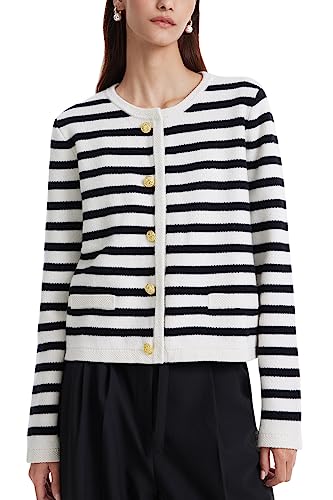 GOELIA Women's Striped Short Cardigan Sweater, Crewneck Button Up Knit Wool Sweaters