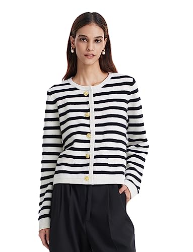 GOELIA Women's Striped Short Cardigan Sweater, Crewneck Button Up Knit Wool Sweaters