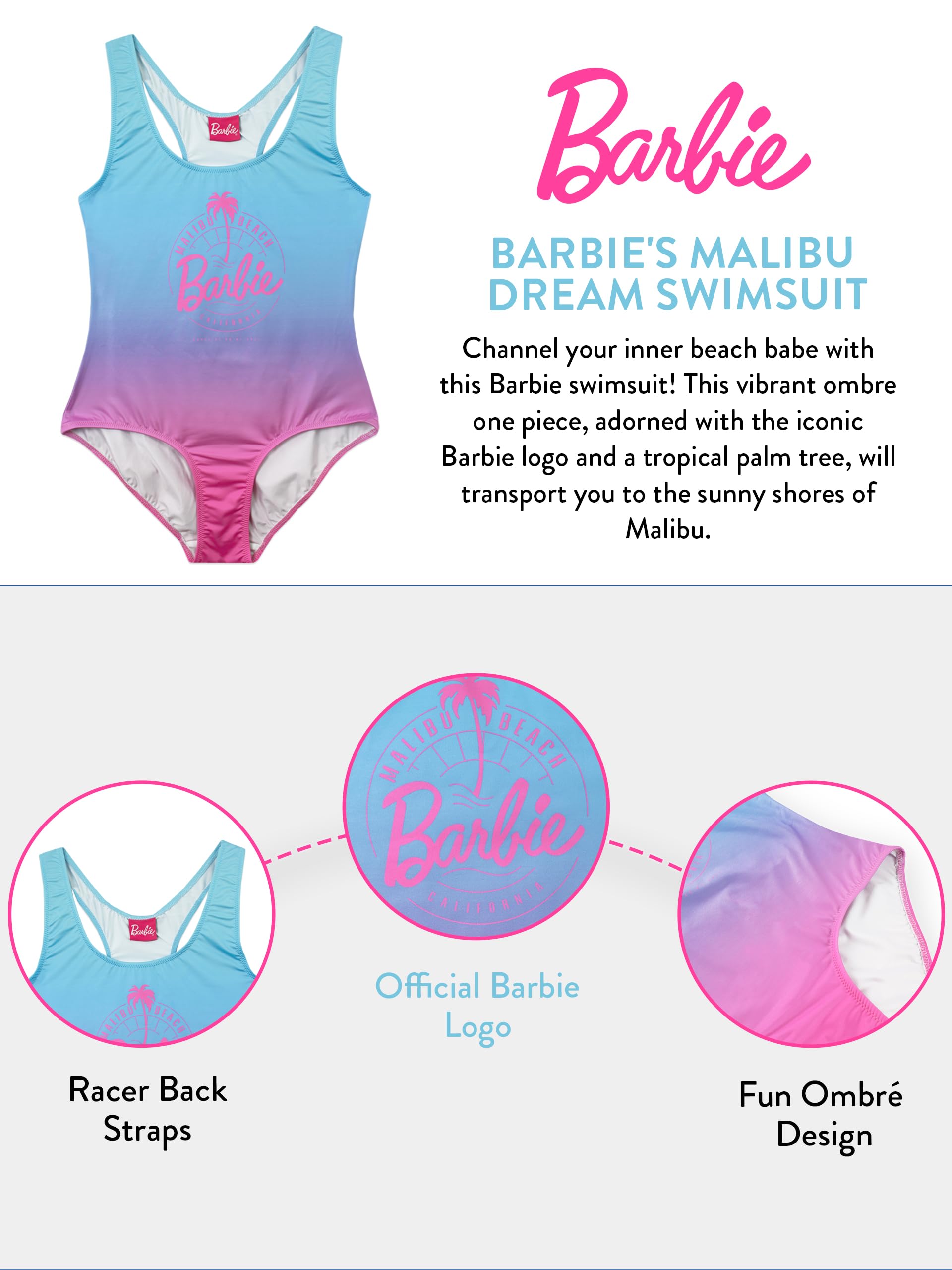 Barbie Swimming Costume | Malibu Beach Womens Swimsuit | Pink One Piece Swimsuit for Women | L | Official Merchandise