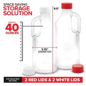 Stock Your Home 40 oz Glass Milk Bottle with Lid and Handle (2 Pack), 4 Reusable Caps, Milk Container for Refrigerator, Glass Juice Bottles, Water, Almond Cow Milk Storage Bottle, Glass Milk Jug