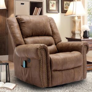 ouinch manual 360 degree swivel glider rocker recliner chair with massage and heat, usb ports and 2 side pockets, bronze suede like fabric, brown