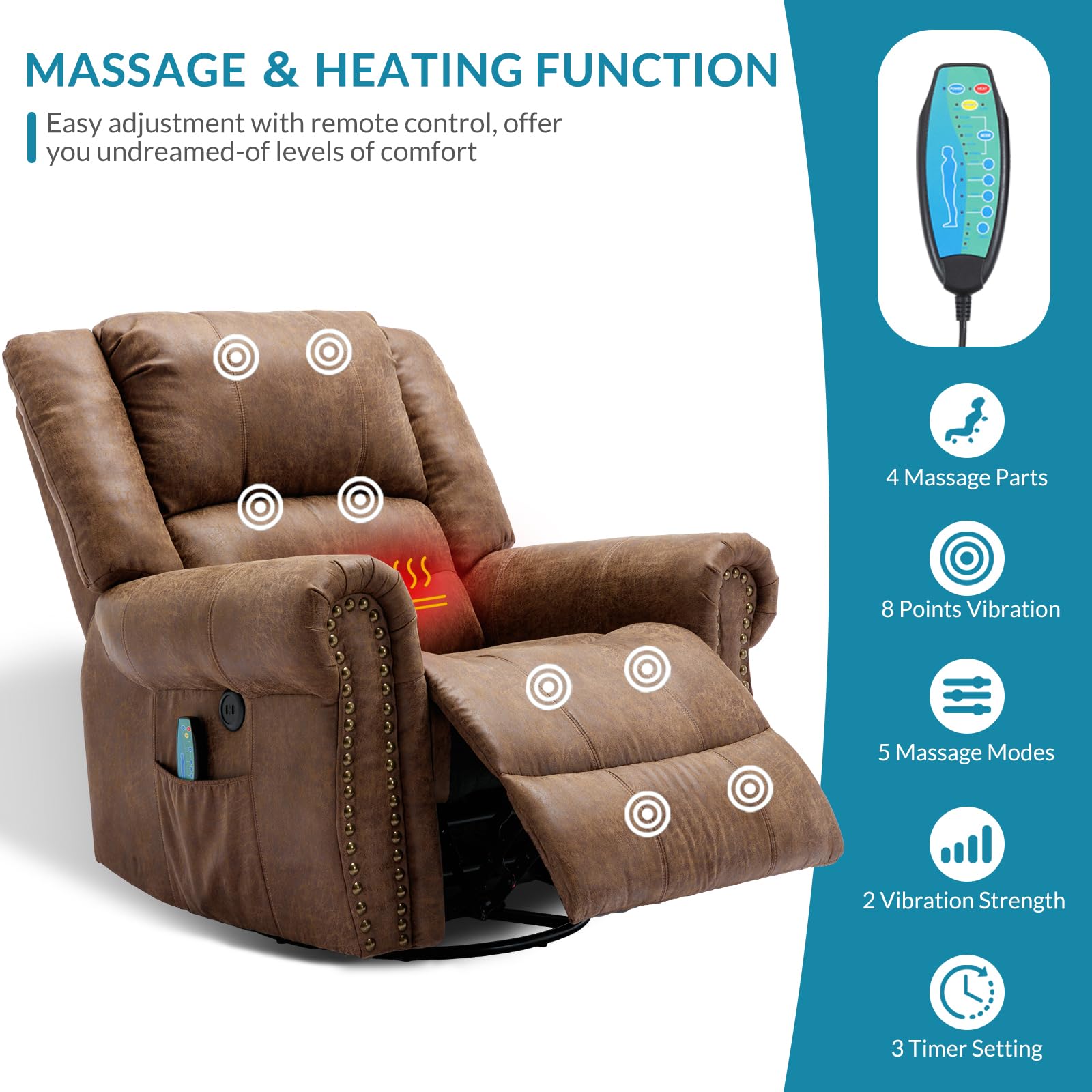 OUINCH Manual 360 Degree Swivel Glider Rocker Recliner Chair with Massage and Heat, USB Ports and 2 Side Pockets, Bronze Suede Like Fabric, Brown