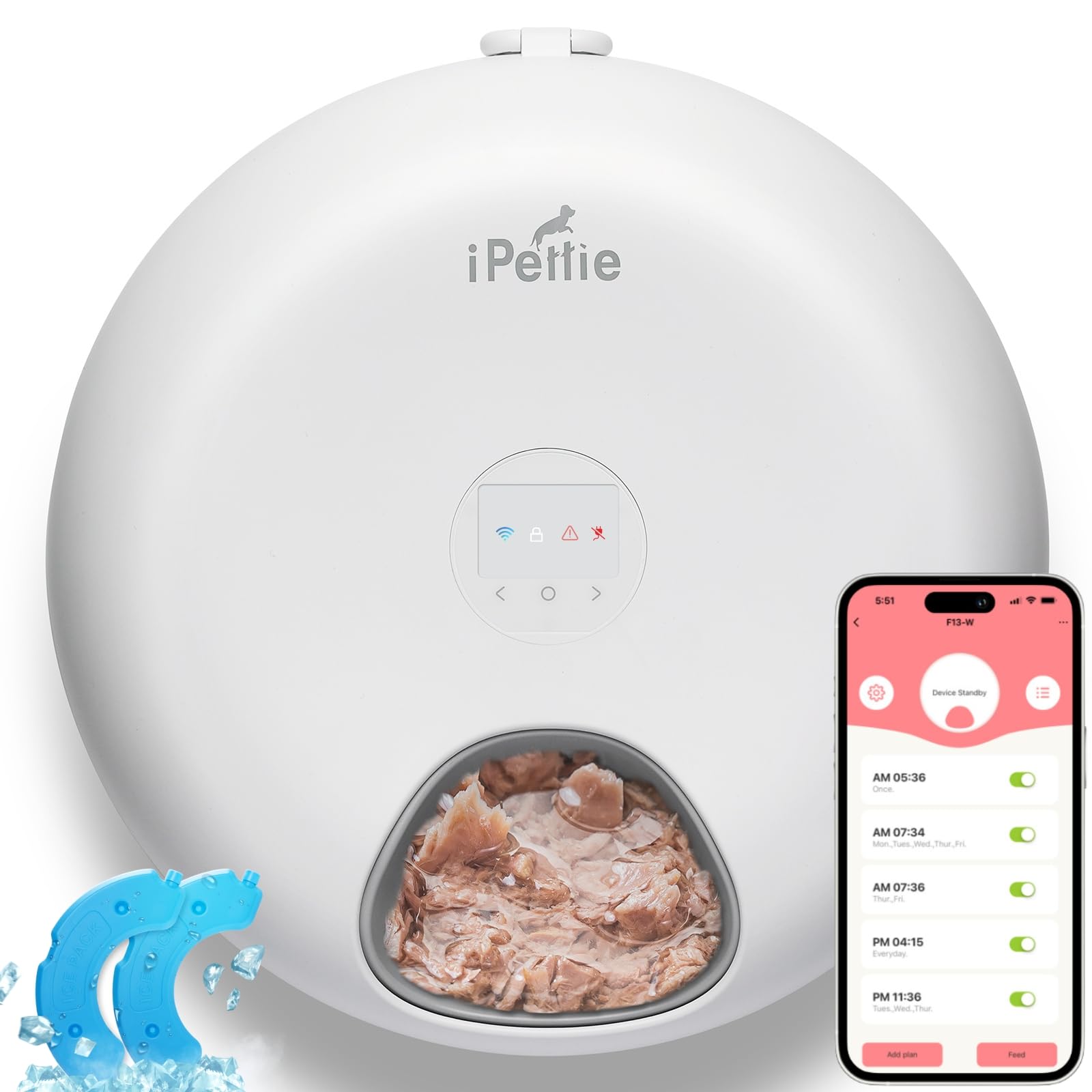 iPettie Donut Frost WiFi 6 Meal Automatic Cat Food Dispenser with App Control, Dry & Wet Food Automatic Cat Feeder, Smart Dog Feeder with Two Ice Packs, Programmable Timer, Holds 6 x ½ lb. of Food