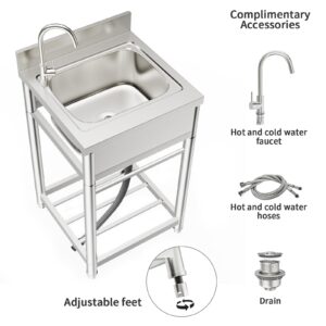 ROOMTEC 304 Stainless Steel Single Bowl Utility Sink Set, Commercial Restaurant Kitchen Sink, Outdoor Sink with Workbench & Storage Shelve with Hot and Cold Water Pipes (22 in)