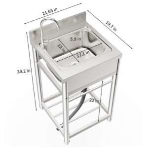 ROOMTEC 304 Stainless Steel Single Bowl Utility Sink Set, Commercial Restaurant Kitchen Sink, Outdoor Sink with Workbench & Storage Shelve with Hot and Cold Water Pipes (22 in)