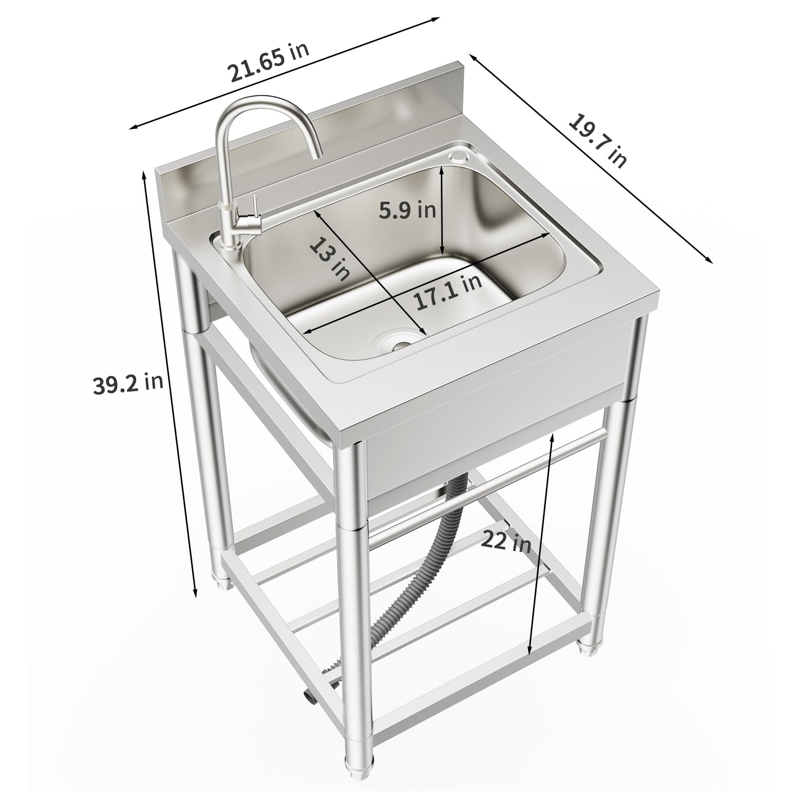 ROOMTEC 304 Stainless Steel Single Bowl Utility Sink Set, Commercial Restaurant Kitchen Sink, Outdoor Sink with Workbench & Storage Shelve with Hot and Cold Water Pipes (22 in)