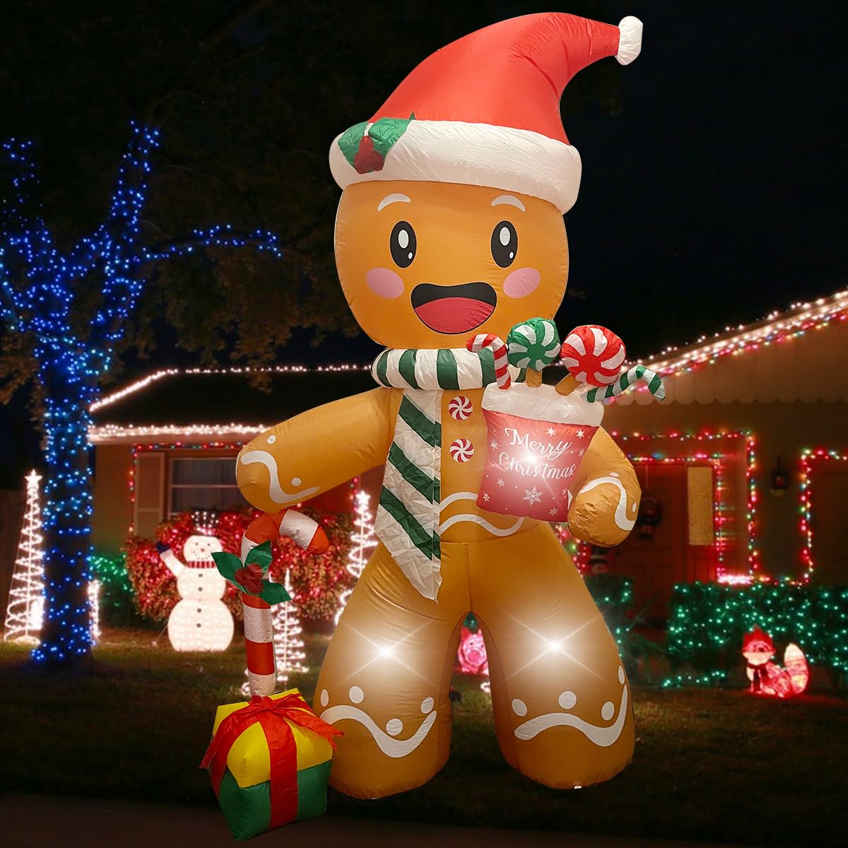 Aotiooy 8FT Christmas Inflatables Gingerbread Man Outdoor Decoration Candy Cane and Gift Box, Built-in LEDs Blow Up Inflatables for Christmas Outdoor Yard Decorations, Garden, Lawn,Indoor