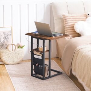 HOOBRO C Shaped Side Table with Charging Station, Foldable End Table with Storage Bag, Sofa Couch Table Snack Table for Small Space in Living Room, Bedroom, Rustic Brown and Black BF101USF01