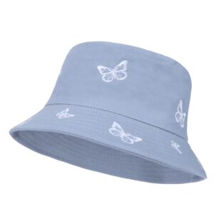 umeepar butterfly embroidered bucket hat reversible packable foldable beach sun hat outdoor cap for women men (us, alpha, medium, butterfly misty blue/plain misty blue)