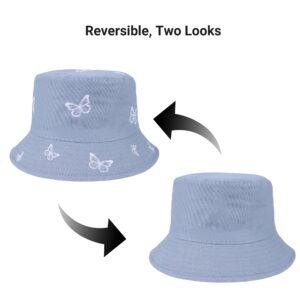 Umeepar Butterfly Embroidered Bucket Hat Reversible Packable Foldable Beach Sun Hat Outdoor Cap for Women Men (US, Alpha, Medium, Butterfly Misty Blue/Plain Misty Blue)