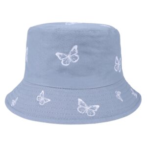 Umeepar Butterfly Embroidered Bucket Hat Reversible Packable Foldable Beach Sun Hat Outdoor Cap for Women Men (US, Alpha, Medium, Butterfly Misty Blue/Plain Misty Blue)