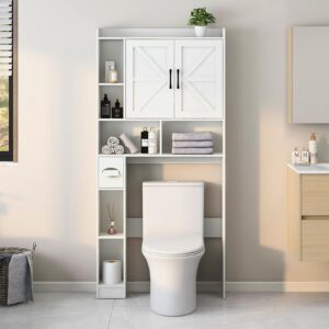 Over The Toilet Storage Cabinet, Farmhouse Storage Cabinet Over Toilet with 2 Barn Door & Toilet Paper Holder Stand，Home Space-Saving Toilet Rack, for Bathroom, Restroom, Laundry