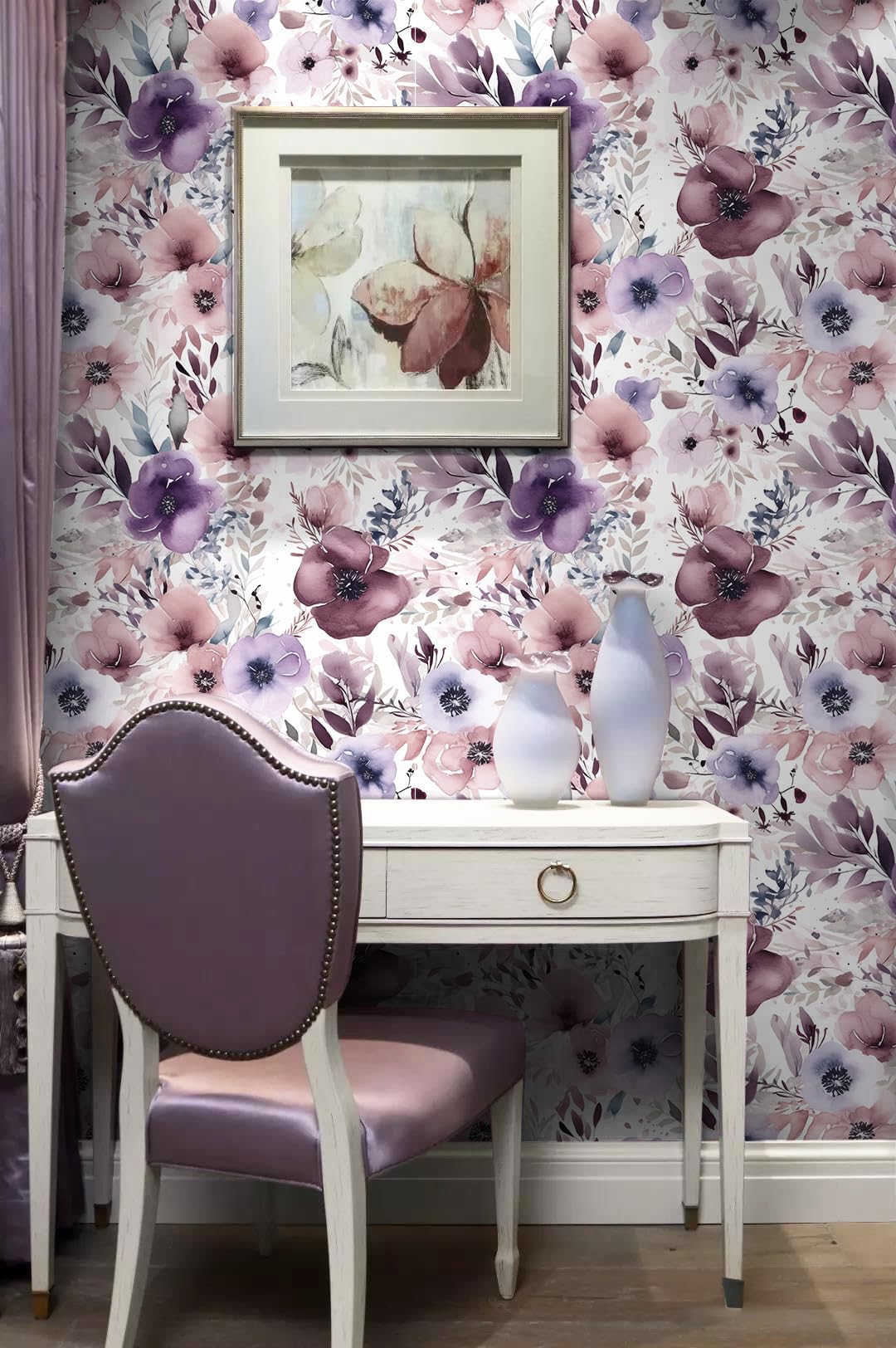 HAOKHOME 93349 Floral Peel and Stick Wallpaper Removable Wall Paper Mauve/Purple/White Vinyl Stick on Wall Contact Paper 17.7in x 9.8ft