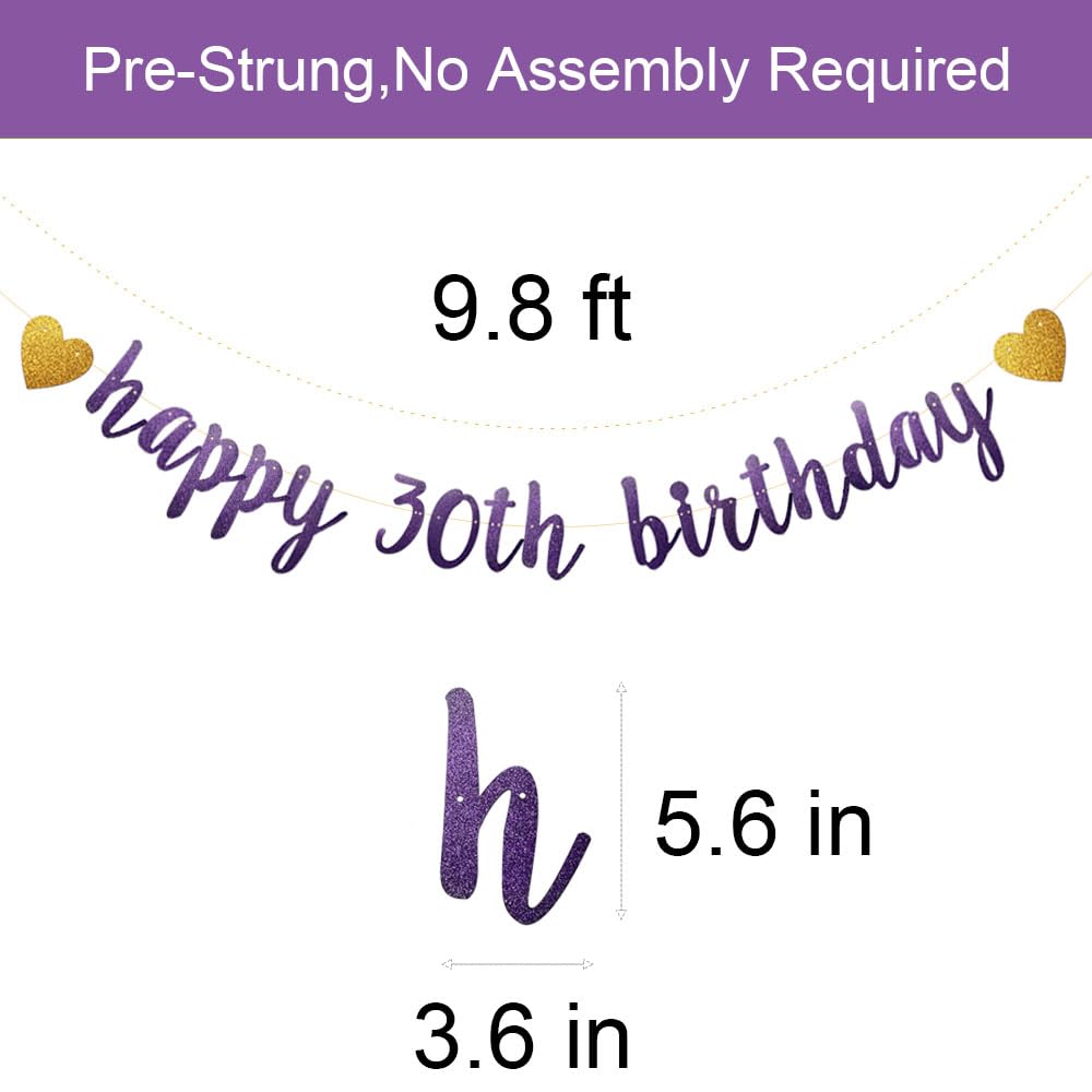 Happy 30th Birthday Banner, Pre-Strung,Purple Glitter Paper Garlands Banner for 30th Birthday Party Decorations Supplies, Letters Purple,Betteryanzi